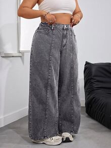 SHEIN PETITE CURVE Plus Size Casual Washed Wide Leg Jeans - Grey - View 1