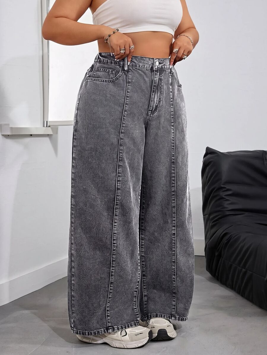 SHEIN PETITE CURVE Plus Size Casual Washed Wide Leg Jeans - Grey - View 1