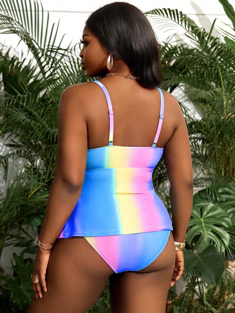 Slaydiva Plus Size Women Gradient Print Casual 2-Piece Tankini Swimwear - Multicolor - View 2