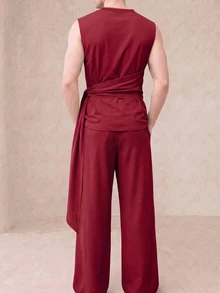 Manfinity Dauomo 301#時尚男士個性化無袖披肩領上衣與長褲2件套#230g健康面料顏色22 - 酒紅色 - 查看 3