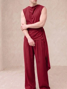 Manfinity Dauomo 301#時尚男士個性化無袖披肩領上衣與長褲2件套#230g健康面料顏色22 - 酒紅色 - 查看 7