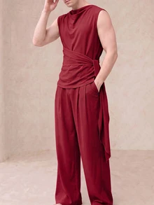 Manfinity Dauomo 301#時尚男士個性化無袖披肩領上衣與長褲2件套#230g健康面料顏色22 - 酒紅色 - 查看 6