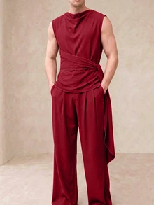 Manfinity Dauomo 301#時尚男士個性化無袖披肩領上衣與長褲2件套#230g健康面料顏色22 - 酒紅色 - 查看 2