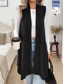 Easowa Casual Women's Sleeveless Cotton Thin Jacket For Spring, Summer And Autumn - Black - View 6