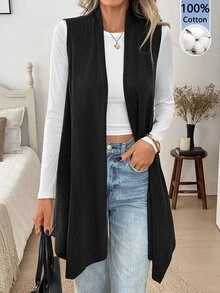 Easowa Casual Women's Sleeveless Cotton Thin Jacket For Spring, Summer And Autumn - Black - View 1