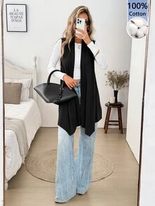 Easowa Casual Women's Sleeveless Cotton Thin Jacket For Spring, Summer And Autumn - Black - View 4