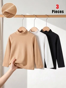 SHEIN 小男孩休閒百搭長袖高領打底 T-shirt，秋冬款，經典黑、純白、溫柔奶茶棕，花童適用 - 彩色 - 查看 1