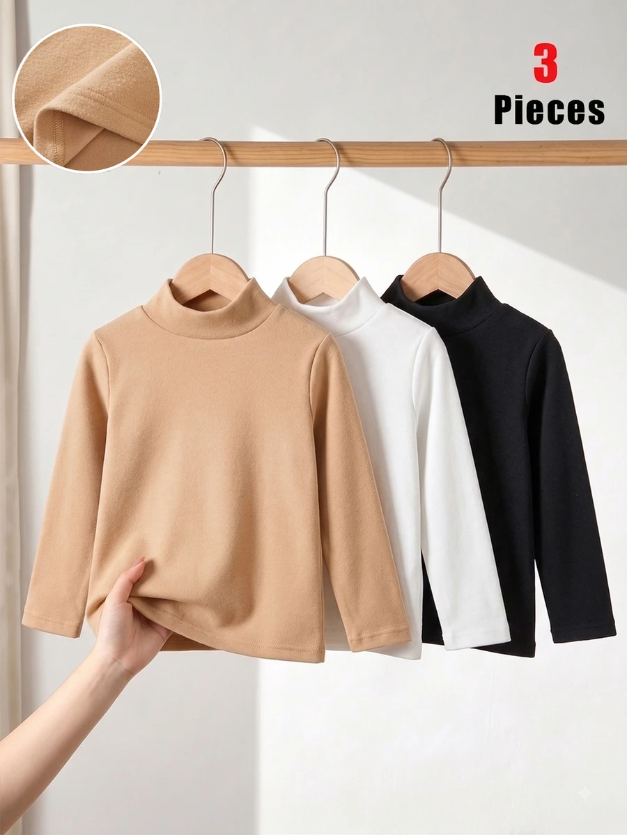 SHEIN 小男孩休閒百搭長袖高領打底 T-shirt,秋冬款,經典黑、純白、溫柔奶茶棕,花童適用 - 彩色 - 查看 1