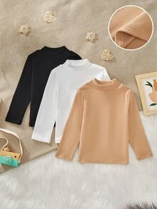 SHEIN 小男孩休閒百搭長袖高領打底 T-shirt，秋冬款，經典黑、純白、溫柔奶茶棕，花童適用 - 彩色 - 查看 6