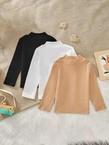 SHEIN 小男孩休閒百搭長袖高領打底 T-shirt，秋冬款，經典黑、純白、溫柔奶茶棕，花童適用 - 彩色 - 查看 2