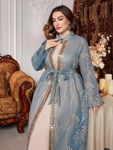 Layrah Embroidered Patchwork Waist Belt Beaded Abaya Robe For Plus Size Women - Green - View 5