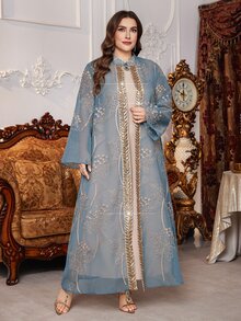 Layrah Embroidered Patchwork Waist Belt Beaded Abaya Robe For Plus Size Women - Green - View 4