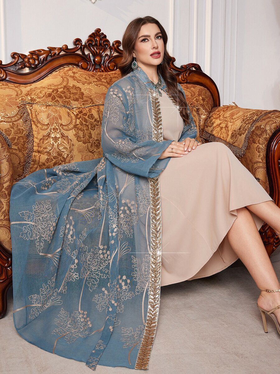 Layrah Embroidered Patchwork Waist Belt Beaded Abaya Robe For Plus Size Women - Green - View 1
