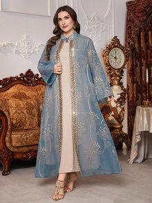 Layrah Embroidered Patchwork Waist Belt Beaded Abaya Robe For Plus Size Women - Green - View 3
