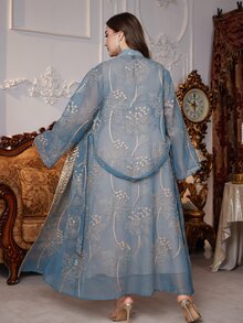 Layrah Embroidered Patchwork Waist Belt Beaded Abaya Robe For Plus Size Women - Green - View 6