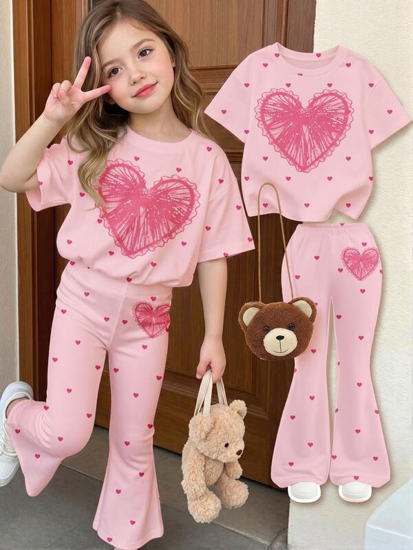 Super Cute Ballet Style Mini Bow Print, Black Elegant Exquisite Bow Print Pattern, Chic, Cute Sister/BFF Outfit, Young Girl Casual Minimalist Cartoon Pattern Round Neck Short Sleeve Top And Flared Pants 2-Piece Set Suitable For Summer