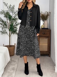 EMERY ROSE 女款休閒法式優雅通勤早午餐日常穿搭純色襯衫小碎花印花洋裝兩件套 黑色 黑白色 秋冬 - 黑色 - 查看 6