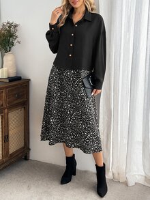 EMERY ROSE 女款休閒法式優雅通勤早午餐日常穿搭純色襯衫小碎花印花洋裝兩件套 黑色 黑白色 秋冬 - 黑色 - 查看 3