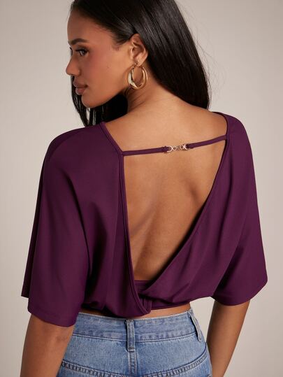 SHEIN BAE Women's Round Neck Backless Metal Buckle Decor Casual Versatile Daily Wear T-Shirt, Suitable For Casual Vacation, Romantic Date, Party, Weekend Date, Knitted Solid Color Fabric Top, Music Festival Outfit, Purple Top, Sexy Elegant Top, Practical Top