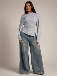 SHEIN BAE Grey Slouchy Cold Shoulder Long Sleeve Top / Waist-Gathered Side Slit Asymmetrical Hem Fitted Knit T-Shirt / Daily Versatile / All-Match Style / Casual - Dark Grey - View 3