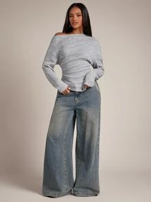 SHEIN BAE Grey Slouchy Cold Shoulder Long Sleeve Top / Waist-Gathered Side Slit Asymmetrical Hem Fitted Knit T-Shirt / Daily Versatile / All-Match Style / Casual - Dark Grey - View 4