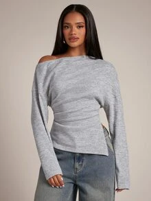 SHEIN BAE Grey Slouchy Cold Shoulder Long Sleeve Top / Waist-Gathered Side Slit Asymmetrical Hem Fitted Knit T-Shirt / Daily Versatile / All-Match Style / Casual - Dark Grey - View 1