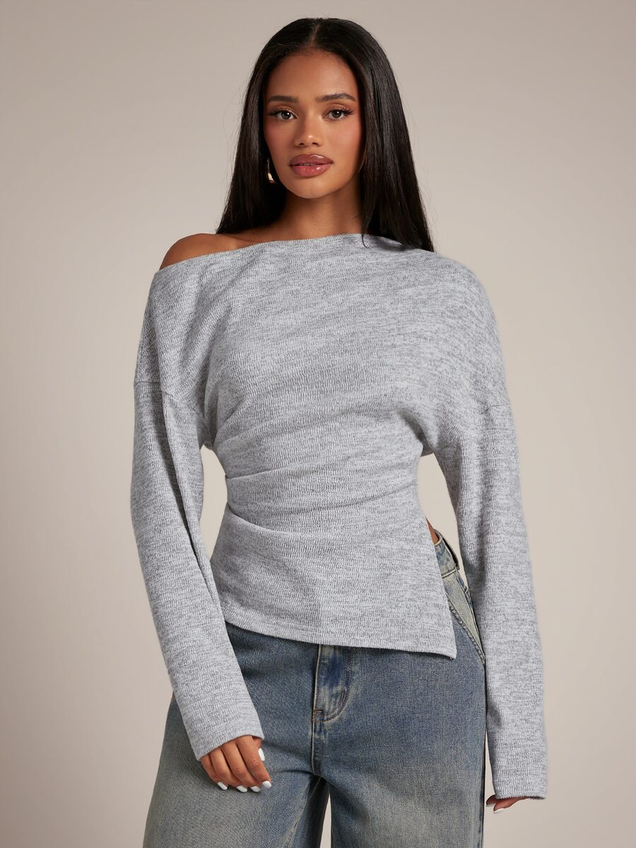 SHEIN BAE Grey Slouchy Cold Shoulder Long Sleeve Top / Waist-Gathered Side Slit Asymmetrical Hem Fitted Knit T-Shirt / Daily Versatile / All-Match Style / Casual - Dark Grey - View 1