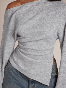 SHEIN BAE Grey Slouchy Cold Shoulder Long Sleeve Top / Waist-Gathered Side Slit Asymmetrical Hem Fitted Knit T-Shirt / Daily Versatile / All-Match Style / Casual - Dark Grey - View 7