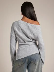 SHEIN BAE Grey Slouchy Cold Shoulder Long Sleeve Top / Waist-Gathered Side Slit Asymmetrical Hem Fitted Knit T-Shirt / Daily Versatile / All-Match Style / Casual - Dark Grey - View 2