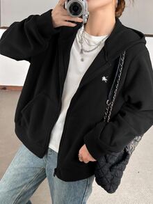 SHEIN 青少年女孩黑色可翻面抓絨刺繡馬休閒寬鬆冬季夾克，簡約學院風休閒外套 - 黑色 - 查看 6