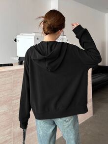 SHEIN 青少年女孩黑色可翻面抓絨刺繡馬休閒寬鬆冬季夾克，簡約學院風休閒外套 - 黑色 - 查看 2