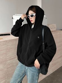 SHEIN 青少年女孩黑色可翻面抓絨刺繡馬休閒寬鬆冬季夾克，簡約學院風休閒外套 - 黑色 - 查看 4