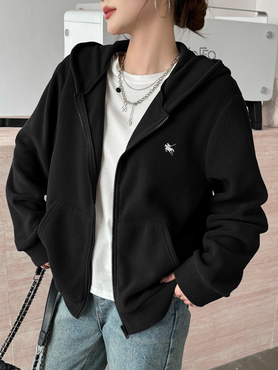 SHEIN 青少年女孩黑色可翻面抓絨刺繡馬休閒寬鬆冬季夾克，簡約學院風休閒外套 - 黑色 - 查看 1