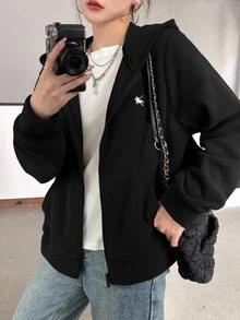 SHEIN 青少年女孩黑色可翻面抓絨刺繡馬休閒寬鬆冬季夾克，簡約學院風休閒外套 - 黑色 - 查看 3
