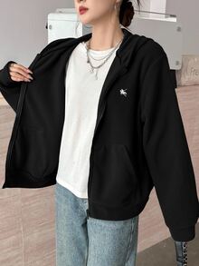 SHEIN 青少年女孩黑色可翻面抓絨刺繡馬休閒寬鬆冬季夾克，簡約學院風休閒外套 - 黑色 - 查看 5