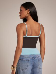 SHEIN BAE Brown & Mint Green Contrast Binding Square Neck Spaghetti Strap Tank Top / Ruched Side Waist Slim Fit Elastic Cropped Inner Layer Top / Basic Tops / Social Tops / Commute Tops / Inner Layer Tops - Multicolor - View 2