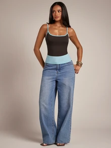 SHEIN BAE Brown & Mint Green Contrast Binding Square Neck Spaghetti Strap Tank Top / Ruched Side Waist Slim Fit Elastic Cropped Inner Layer Top / Basic Tops / Social Tops / Commute Tops / Inner Layer Tops - Multicolor - View 6
