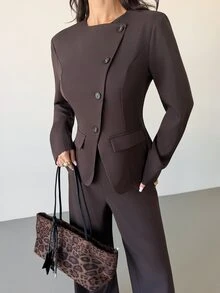 Firerie Women's Solid Color Open Front Button Asymmetric Collar Faux Pocket Commuter Blazer Suit 2 Pieces Set - Chocolate Brown - View 4