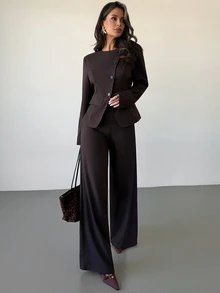 Firerie Women's Solid Color Open Front Button Asymmetric Collar Faux Pocket Commuter Blazer Suit 2 Pieces Set - Chocolate Brown - View 7