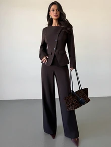 Firerie Women's Solid Color Open Front Button Asymmetric Collar Faux Pocket Commuter Blazer Suit 2 Pieces Set - Chocolate Brown - View 3
