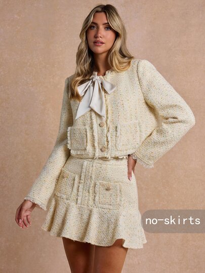 Enchnt Premium Autumn Romantic Women's Elegant Apricot Tweed Frayed-Edge Bow Jacket,Work Office Outfits,Formal Wear,Festival,Teacher Work