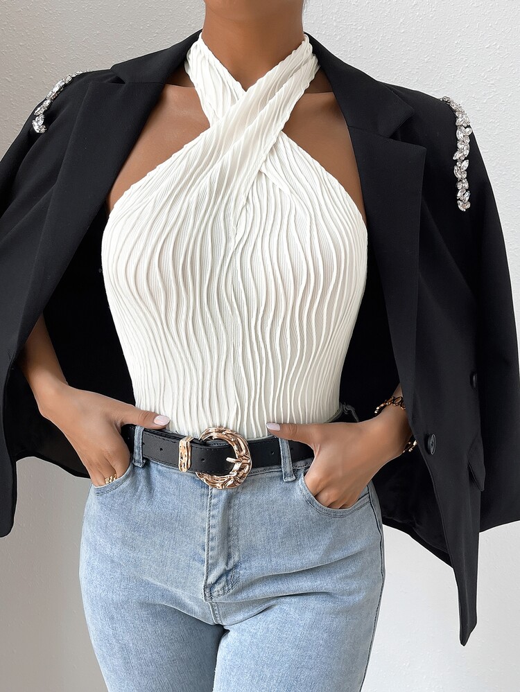 Chiquease Criss Cross Front Halter Top - White - View 6