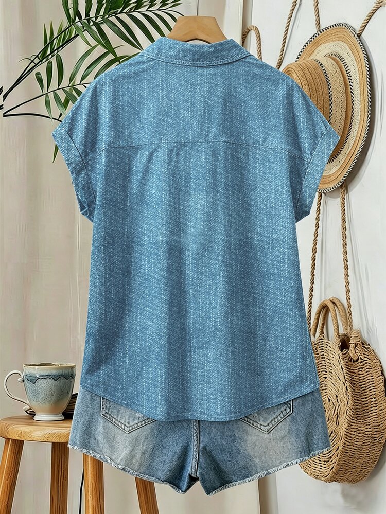 Franclia Women's Single-Breasted Pocket Casual Vacation Shirt Everyday Travel Cornflower Blue Summer - Baby Blue - View 2