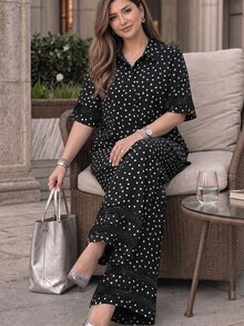 Lacomfia 女款優雅極簡百搭時尚蕾絲袖口夏季大尺碼兩件套 - 黑與白 - 查看 1