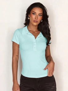 Glamine 女款 Polo 領鈕扣短袖修身運動風收腰極簡 T-shirt - 薄荷藍 - 查看 3