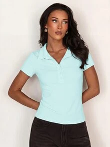 Glamine 女款 Polo 領鈕扣短袖修身運動風收腰極簡 T-shirt - 薄荷藍 - 查看 4