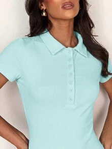 Glamine 女款 Polo 領鈕扣短袖修身運動風收腰極簡 T-shirt - 薄荷藍 - 查看 7