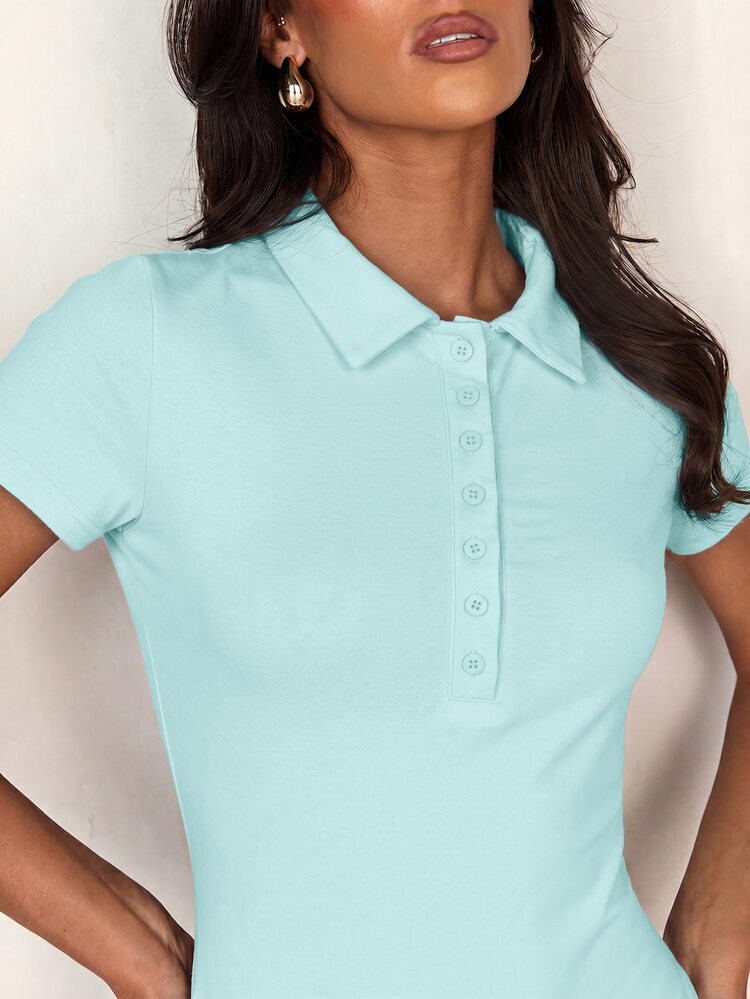 Glamine Polo Collar Button Short Sleeve Fitted Sporty Slim Waist Minimalist Casual Women T-Shirt School Turquoise Blue Summer - Mint Blue - View 7