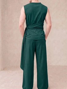 Manfinity Dauomo 301#時尚男士個性化無袖披肩領上衣與長褲兩件套#230g健康面料顏色22 - 綠色 - 查看 3