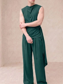 Manfinity Dauomo 301#時尚男士個性化無袖披肩領上衣與長褲兩件套#230g健康面料顏色22 - 綠色 - 查看 7